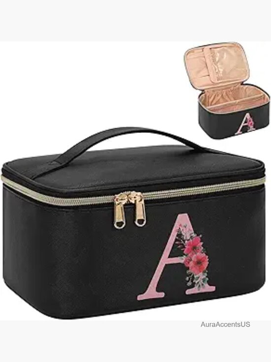 Handbags - Personalized Initial Makeup Bag with Brush Holder, Travel Cosmetic Organizer